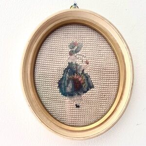 Vintage Framed Needlepoint Girl Basket of Flowers Floral Oval Wall Art Cottage